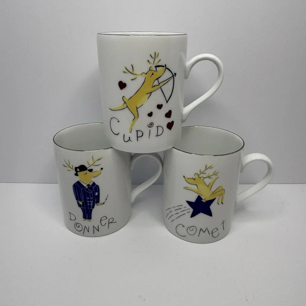 Pottery Barn Reindeer Mugs 12 Oz Silver Trim Lot Of 3 Donner Comet Cupid